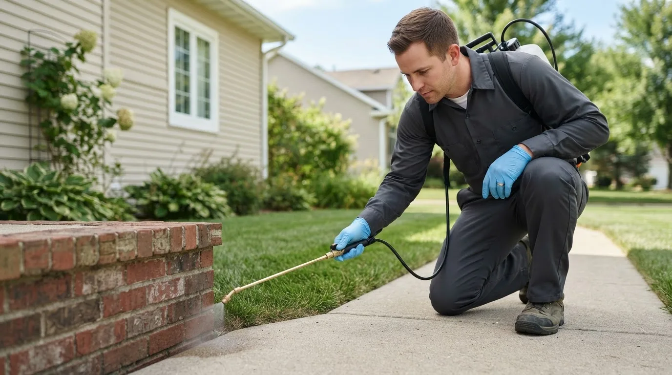 Pest control technician treating a home near Moodus, CT